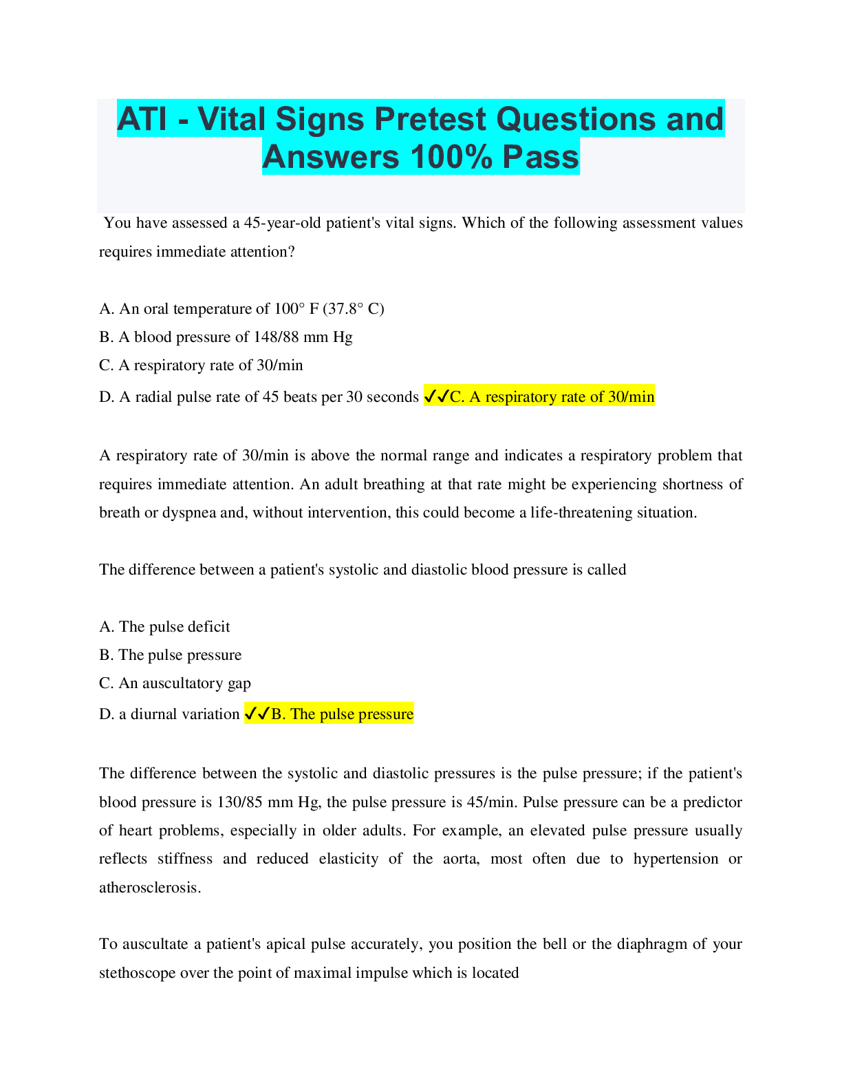 Preview of ATI - Vital Signs Pretest Questions and Answers 100% Pass